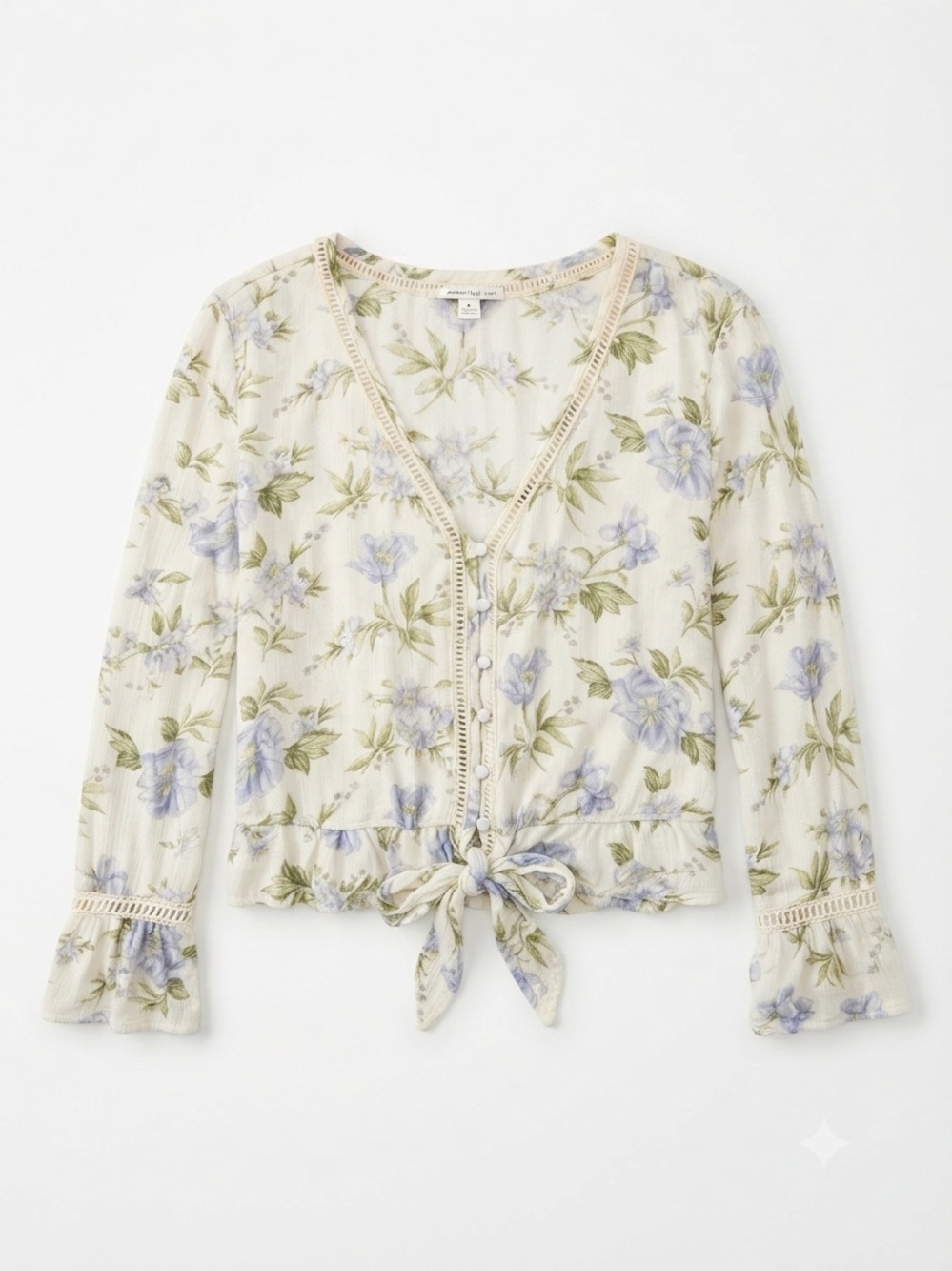 American Eagle Outfitters Cream Cropped Floral Button-Up Top with Blue Flowers